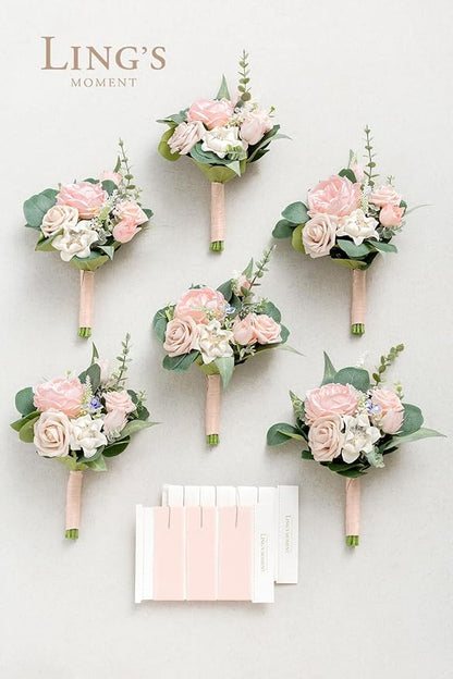 Ling's moment Artificial Flowers Pink Bridesmaid Bouquet Set of 6, Blush & Cream Wedding Flowers Bouquets for Bridesmaids, 7 Inch Bridal Bouquets for Bridesmaids, Wedding, Ceremony, Anniversary, etc