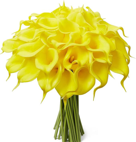 24 Pcs Yellow Artificial Calla Lily Flowers Fake Yellow Silk Flowers Real Touch for Wedding Bouquet Office Home Kitchen Decor