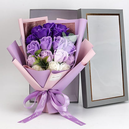 Roses Bouquet Artificial Flower - Preserved Red Rose Flowers with Love Necklace for Her Unique Gift for Birthday, Valentine's Day, Mother's Day, Thanksgiving, Christmas, Anniversary (Purple and White)