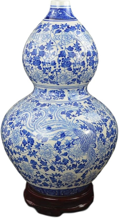 16" Classic Blue and White Porcelain Gourd-Shaped Vase, China Ming Style, Good Fortune, Fengshui, Jingdezhen