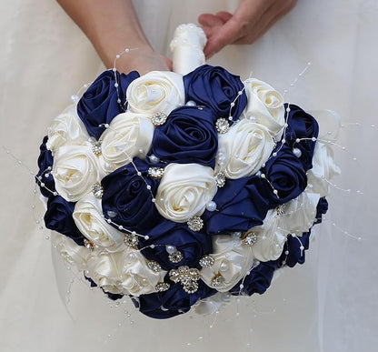 Bridal Wedding Bouquet Round Bling Brooch Bouquet Throw Toss Artificial Rose Flower Bunch for Bride Bridesmaid Wedding Quinceanera(Navy Blue & Ivory, 9.8")