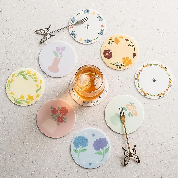 FLT Silicone Colorful Coaster Set of 3, Non-Slip Drink Mat, Cute and Unique Printed Design (Made in Korea) (White - Animal)