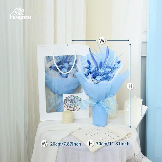 Crochet Flowers Bouquet Gifts for Women Birthday,Gifts for Mom,Preserved Rose Forever Flower,Real Handmade Bouquet for Grandma Sister Wife Her from Daughter (Blue)