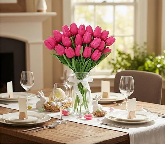 Pink Faux Tulips (20 Pcs) - Premium PU Artificial Flowers for Christmas & Thanksgiving Table Setting, Winter DIY Home Decor - 13.5" Real Touch