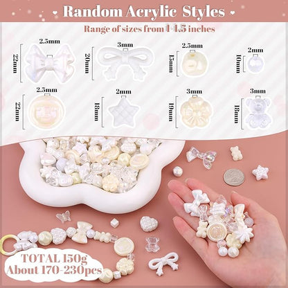Assorted 200-260PCS White Acrylic Beads for Bracelet Making, Flower Bow Candy GummyBear Bracelet Charms,Cute Beads for Jewelry Making DIY Necklace Keychain Phone Charm Christmas Gift