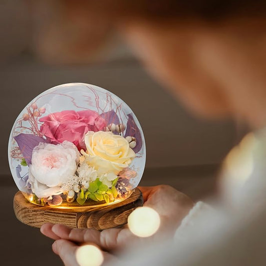 Eternal Flowers for Decoration: Preserved Flowers in Glass Dome, Unique Forever Flower Gift for Her BBF – Perfect flower arrangement for Home Décor - Flowers for Delivery Prime (Red)