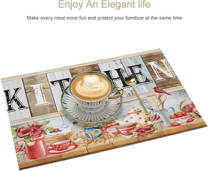 Farmhouse Vintage Kitchen Placemats Rustic Wood Plank Barn Door Retro Strawberry Utensils Knives and Forks Placemats Table Dining Party 12x18 Inch Set of 6