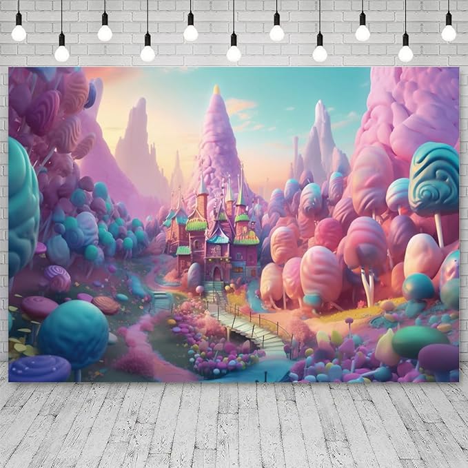 7x5ft Candyland Backdrop Fantasy Candy Castle Photography Background Sweet Lollipop Dream Blue Sky Cartoon Kids Birthday Banner Decorations Baby Shower Newborn Portrait Photo Booth Prop