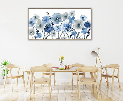 Framed Flowers Canvas Wall Art - Indigo Floral Canvas Pictures Living Room Wall Decor Botanical Canvas Prints Painting Abstract Artwork Bedroom Office Home Decor 24"x 48"