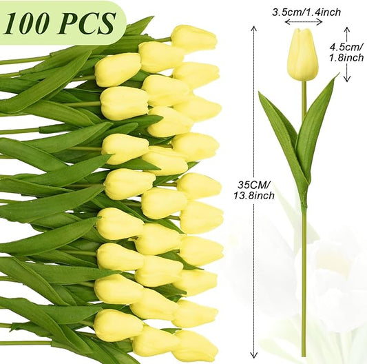 Janinka 100pcs Artificial Tulip Flowers Fake PU Tulips Faux Latex Bouquet Flower Centerpieces Arrangement Floral for Mother Day Wedding Spring Decorations (Light Yellow)