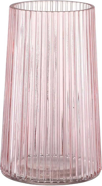 Pink Glass Vase for Flower, Flower Vase for Bouquet, Modern Glass Vases, Ribbed Vases for Living Room, Bedroom, Dining Table, Office, Wedding, Centerpieces, 8 Inches
