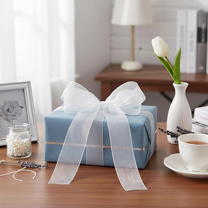 White Sheer Ribbon for Gift Wrapping, 4/5 Inch Organza Chiffon Ribbon for Flower Bouquet, 0.82 Inch Bows Crafts Gift Wrapping Wedding, Christmas, New Year Decoration (49 Yards)
