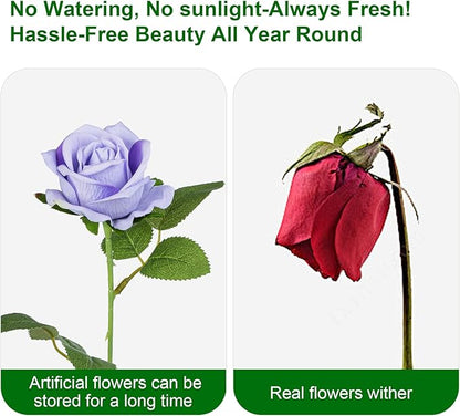Fake Plants Roses Flowers Plastic Flowers Spring Decorations for Home Gifts for Gf Roses Artificial Flowers for Vase Fake Flowers Home Decor 19.6"(Light Purple 50PCS)