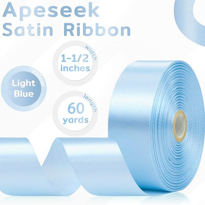 60 Yards Light Blue Satin Ribbon 1-1/2 Inch, Solid Baby Blue Polyester Fabric Ribbon for Gift Wrapping, Crafts, Flower Bouquet, Wedding, Baby Shower, Christmas, Easter