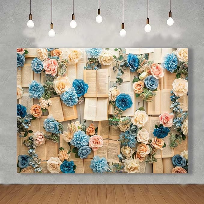 7x5FT Vintage Books Wall Backdrop Pink and Blue Rose Spring Flowers Books Page Backdrop for Kid Girls Birthday Party Decor Baby Shower Wedding Decoration Supplies KUBDJ1094