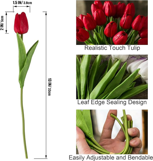 20pcs Red Artificial Tulip Flowers, Silk Fake Flowers 13" for Mother's Day, Easter, Valentine’s Day Gifts in Bulk, Home, Kitchen, Wedding Decorations