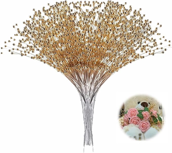 XINHUIDALSQ 100Pcs Pearl Bouquet Party Decoration Pearl String Beaded Garland – 4mm Beads Garlands for Christmas Decoration Wedding Party Decoration, Christmas Floral Picks(Gold)