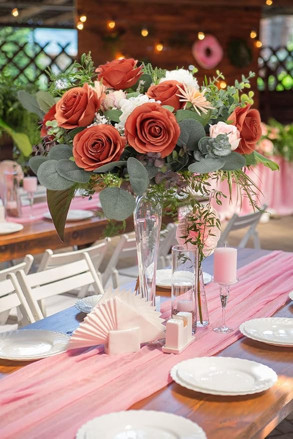 30pcs Roses Artificial Flowers Burnt Orange Fake Roses Flowers with Long Stems Silk Flowers for Wedding Bouquet Centerpices Decorations Party Bridal Baby Shower Home Decor