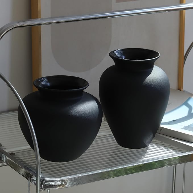 Black Ceramic Flower Vase, Decorative Jar Modern Centerpiece Table Decorations,Rustic Ceramic vases for Home Decor Dining Room,Wide Mouth Ceramic vase for Kitchen Utensils