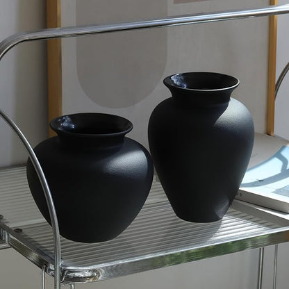 Black Ceramic Flower Vase, Decorative Jar Modern Centerpiece Table Decorations,Rustic Ceramic vases for Home Decor Dining Room,Wide Mouth Ceramic vase for Kitchen Utensils
