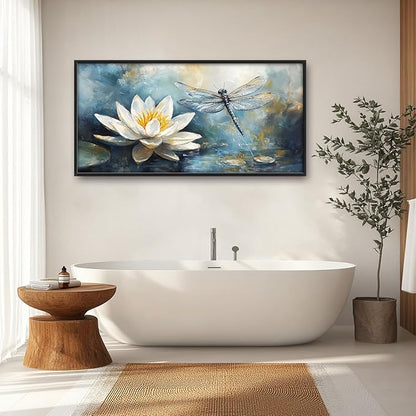 Extra Large Lotus Dragonfly Framed Wall Art for Living Room,Abstract Blue Lotus Flower Lake Pictures Wall Decor,Nature Canvas Print Painting Modern Artwork Bedroom Office Bathroom 60L x 30W
