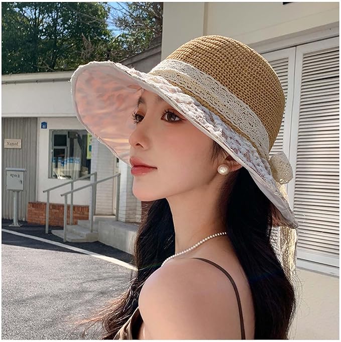 Women's Sun Shade Hat UPF 50+ - Foldable Straw Beach Cap with Lace Bow, Breathable Summer Travel Hat for Women