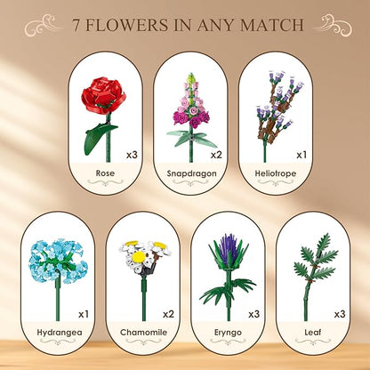 1000 Pcs Flower Bouquet Building Kit,Artificial Flower Bouquet Kit for Adults, Botanical Collection Home Decor, for Women and Girls,Anniversaries and Christmas Ideal Gift