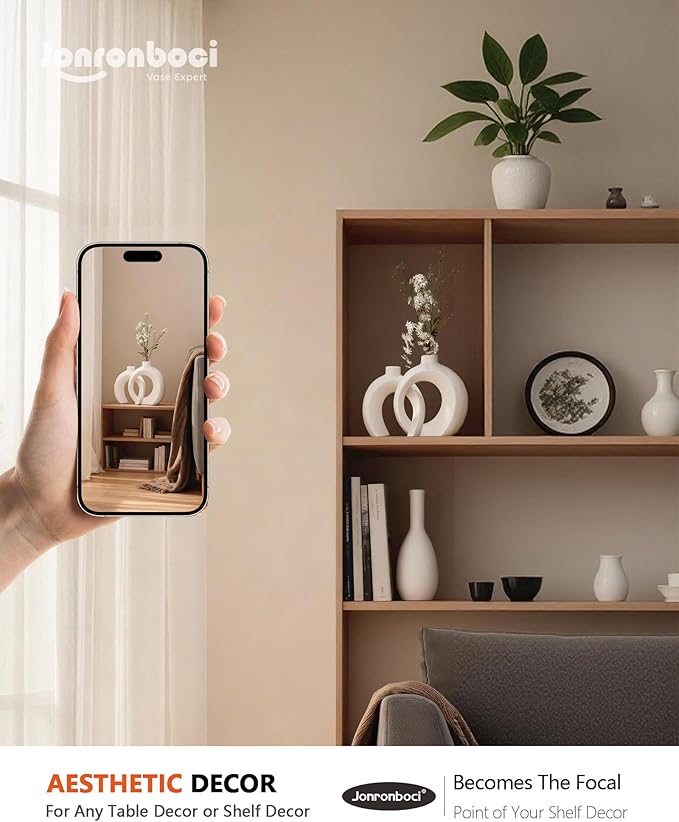 7.2″Hx8.9″H Donut Shape Decorative Vase Set of 2, Ceramic, Modern Minimalism Styles, Flowers or Plant Table Vases for Home Decor Living Room Shelf Entry Console Mantle Dining Centerpiece (Matte White)