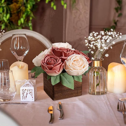 Dining Table Centerpiece Set of 3 - Pre-Made Aritifial Rose with Wooden Vase Fake Floral Arrangment Faux Flower for Wedding Bridal Tea Party Event Decorations - Dusty Pink & Champagne