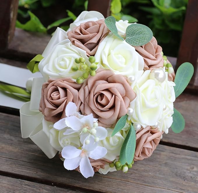 Lightweight Bridal Wedding Bouquet Round Holding Bouquet Throw Toss Artificial Rose Flower Bunch for Bride Bridesmaid Wedding Quinceanera (Cream & Rosy Brown, 7.9")