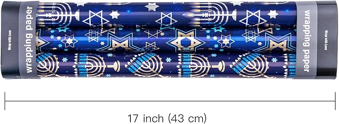 WRAPAHOLIC Hanukkah Wrapping Paper - 3 Rolls, 17 Inch x 120 Inch Each - Blue Menorah and Star of David Design with Metallic Foil Shine