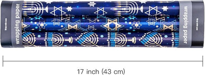 WRAPAHOLIC Hanukkah Wrapping Paper - 3 Rolls, 17 Inch x 120 Inch Each - Blue Menorah and Star of David Design with Metallic Foil Shine