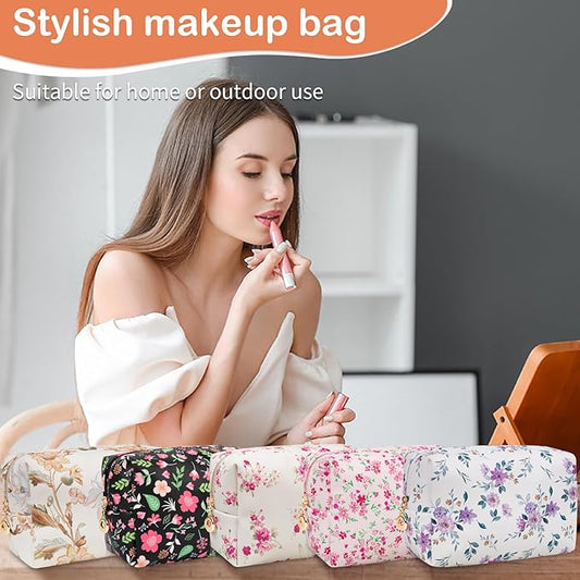 Floral Waterproof Makeup Bag, Leather Cosmetic Bag with Compartments, Zipper Make up Pouch Organizer, Portable Storage Travel Toiletry Bag Gifts for Women Girls(Pink Flower)