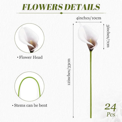 24 Pcs Artificial Calla Lily Flowers Fake Silk Flowers Real Touch for Wedding Bouquet Office Goth Home Kitchen Decor (White Black)