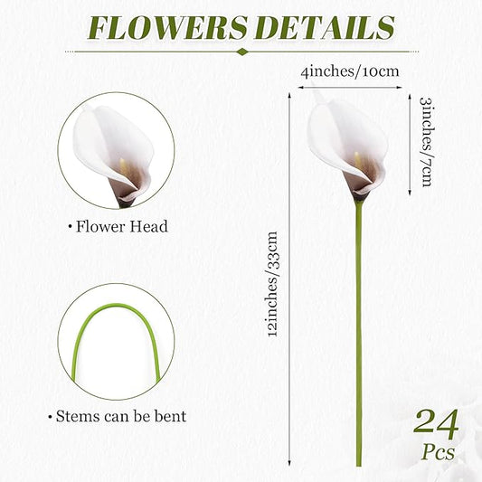 24 Pcs Artificial Calla Lily Flowers Fake Silk Flowers Real Touch for Wedding Bouquet Office Goth Home Kitchen Decor (White Black)