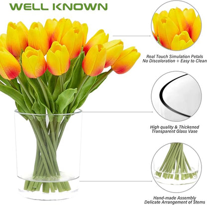 WELL KNOWN 20 Pcs Tulips Artificial Flowers in Vase with Faux Water, Faux Tulips Real Touch, Floral Arrangements Artificial with Vase Centerpiece for Bathroom Home Decoration Orange