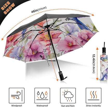 Automatic Folding Umbrella Windproof Strong, UV Protection Compact Floral Hydrangea Hummingbird Sun Rain Sun Rain Travel Umbrellas for Women Men