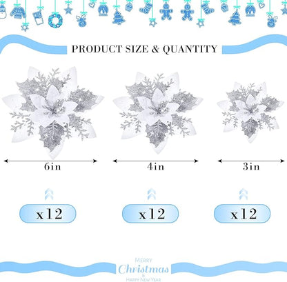 36 Pcs Christmas Glitter Artificial Poinsettia Flowers Xmas Poinsettia Artificial Wedding Flowers Decorations Xmas Tree Ornaments with Clips for Party, 6 Inch, 4 Inch, 3 Inch(Silver and White)