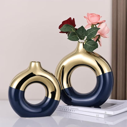 Blue and Gold Vase Decor Donut Vase Set of 2 - Circle Hollow Vases, Modern Matte Ceramic Vases for Entryway Living Room Bedroom Dining Table Centerpiece Office Home Decor