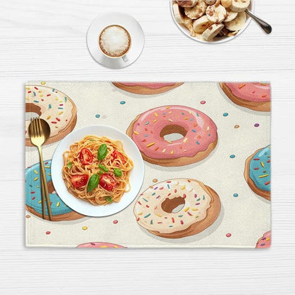 Donuts Placemats Set of 6, Washable Linen Place Mats, Food Donut Table Mats for Kitchen Dining Table Decor Heat Resistant Tablemats 12x18