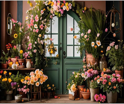 10x8ft Spring Flower Backdrop for Photography Indoor Blooming Flower Arch Wooden Door Floral Photo Background Video Photo Shoot Wedding Portrait Background Studio Photo Booth Props