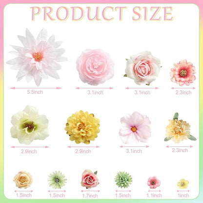 Fake Flowers Heads Bulk Pink Green Mini Artificial Silk Flower for Crafts, Small Artificial Daisy Roses Faux Flowers for Graduation Cap DIY Cake Wedding Party Home Garland Decoration