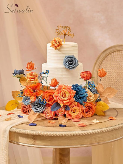 Serwalin Fall Flowers Artificial, Orange Silk Flowers with Stems, Fake Roses Blue Dahia Flower for Wedding Bouquets Bridal Baby Shower Party Arrangment Cake Floral Decoration