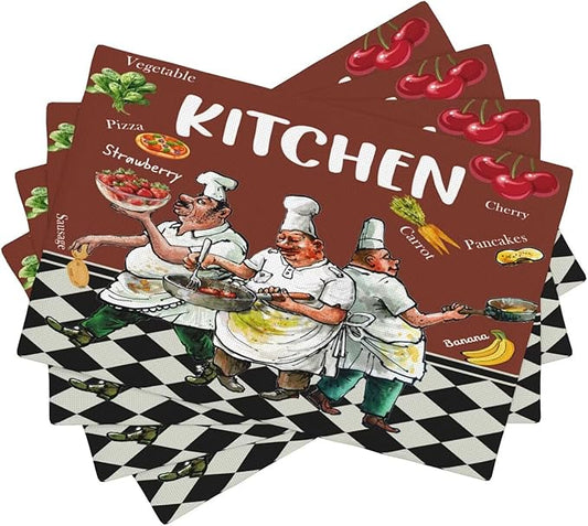 Chef Kitchen Linen Placemats Set of 4 Funny Fat Chef Cooking Theme Placemats for Indoor Outdoor Party Home Desktop Dining Room Decor 12x18 Inch