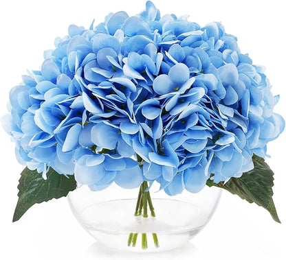 Hydrangea Fake Flowers in Vase, Silk Flowers in Vase with Faux Water for Home Decor Indoor (Blue)