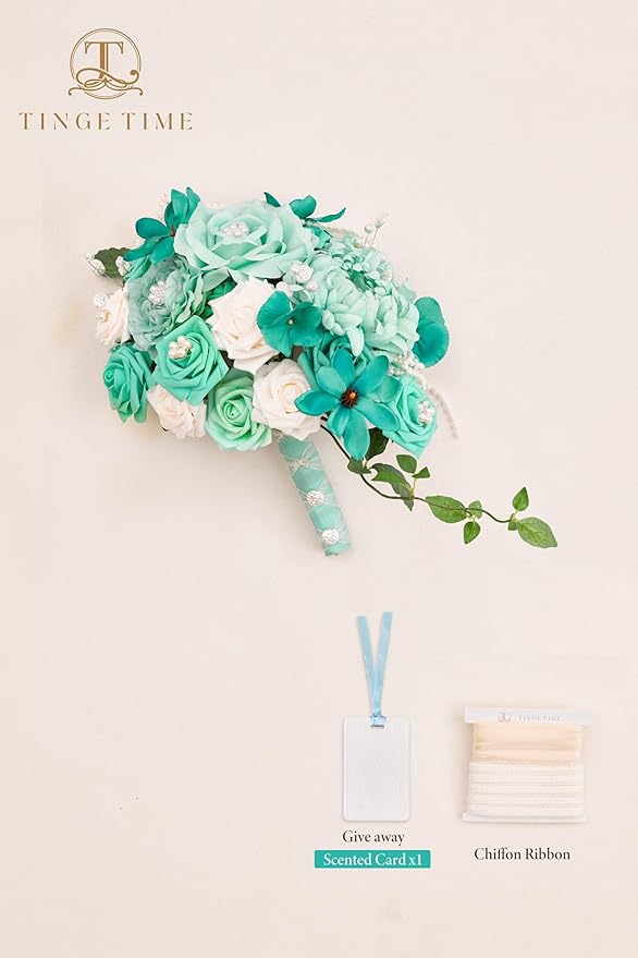 TINGE TIME 11 Inch Wedding Bouquets for Bride, Teal Green & Champagne Artificial Flowers Bouquet, Brides & Bridesmaids Bouquet for Wedding Anniversary Ceremony Bridal Shower Decorations