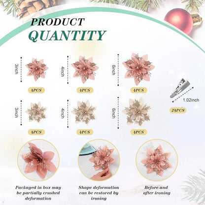 Geosar 24 Christmas Glitter Artificial Poinsettia Flowers Xmas Poinsettia Wedding Flowers Decorations Xmas Tree Ornaments with Clips for Party Favors, 6 Inch, 4 Inch, 3 Inch(Gold and Rose Gold)