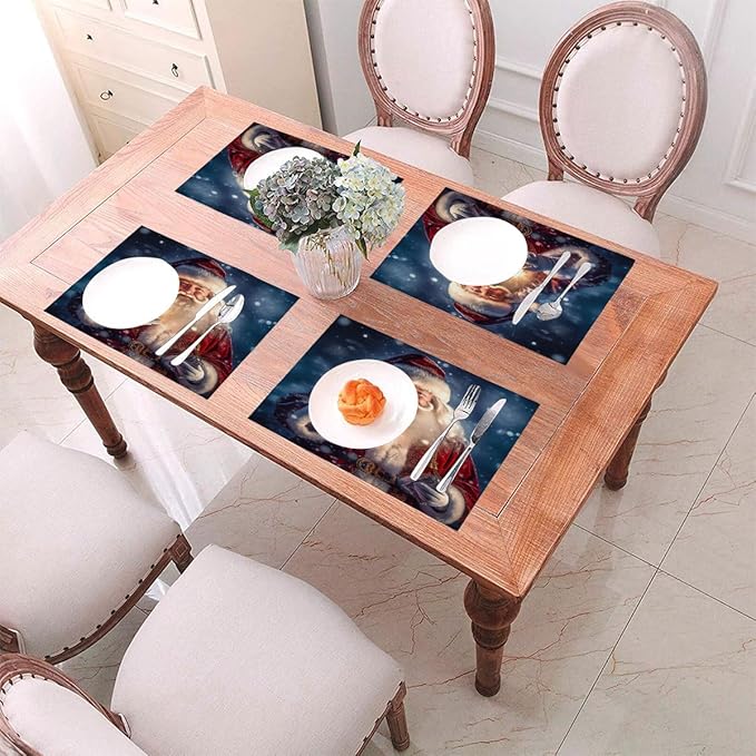 PVC Placemats Set of 4 Wipeable Table Mats Washable Heat Resistant Non Slip Vinyl Dining Table Mat for Kitchen Indoor Outdoor Patio Farmhouse Place Mats Lamp Christmas Santa Decorative