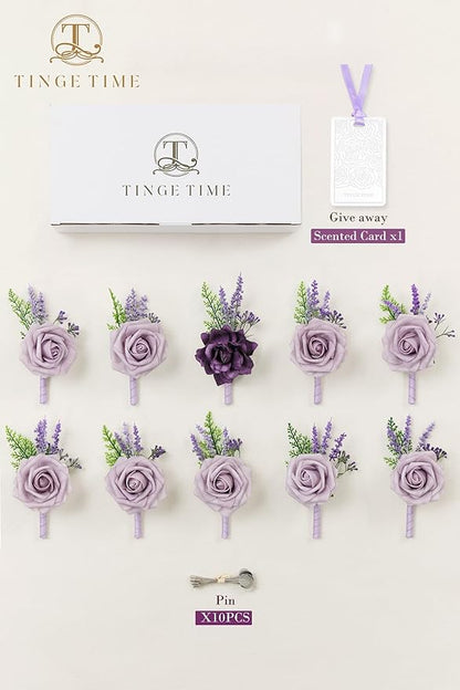 TINGE TIME Boutonniere for Men Wedding - 10pcs Purple Groom & Groomsmen Boutonnieres Set for Wedding Ceremony, Anniversary, Prom, Formal Dinner, Rustic Spring Wedding(Lavender & Plum)