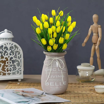 8 Bundles Outdoor Artificial Tulips Fake Flowers UV Resistant Faux Plastic Greenery Shrubs Plants for Home Outside Garden Porch Window Farmhouse Decor (Yellow)
